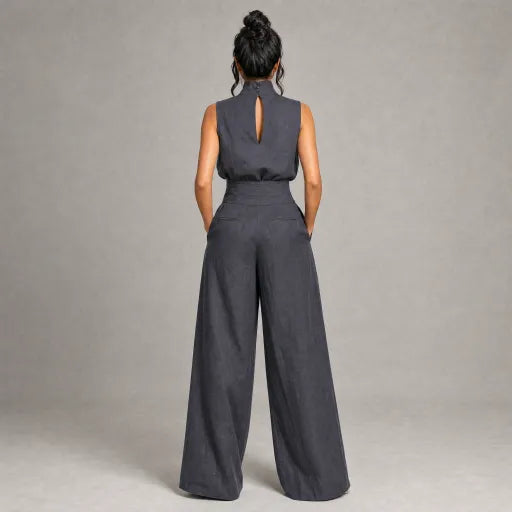 Linen High-Neck Top & Wide-Leg Pants Set