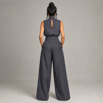 Linen High-Neck Top & Wide-Leg Pants Set