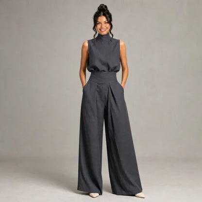 Linen High-Neck Top & Wide-Leg Pants Set